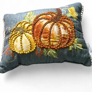 Autumn Blessings Fall Beaded Pumpkin Decor Throw Pillow 10X14 Velvet Cushion